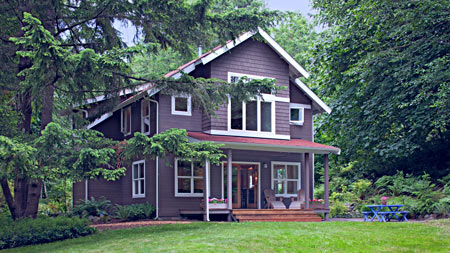 House surrounded by trees and woods.